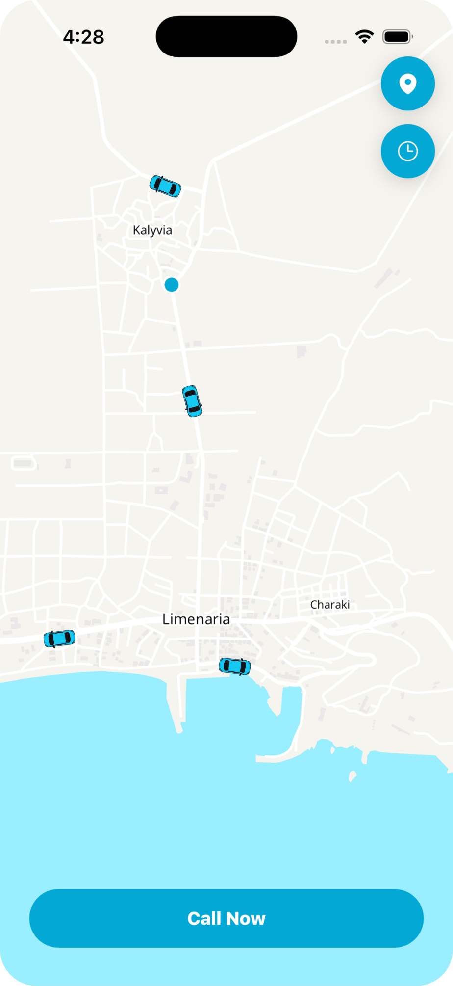 GoFast app showing live taxis on the map with a Call Now button